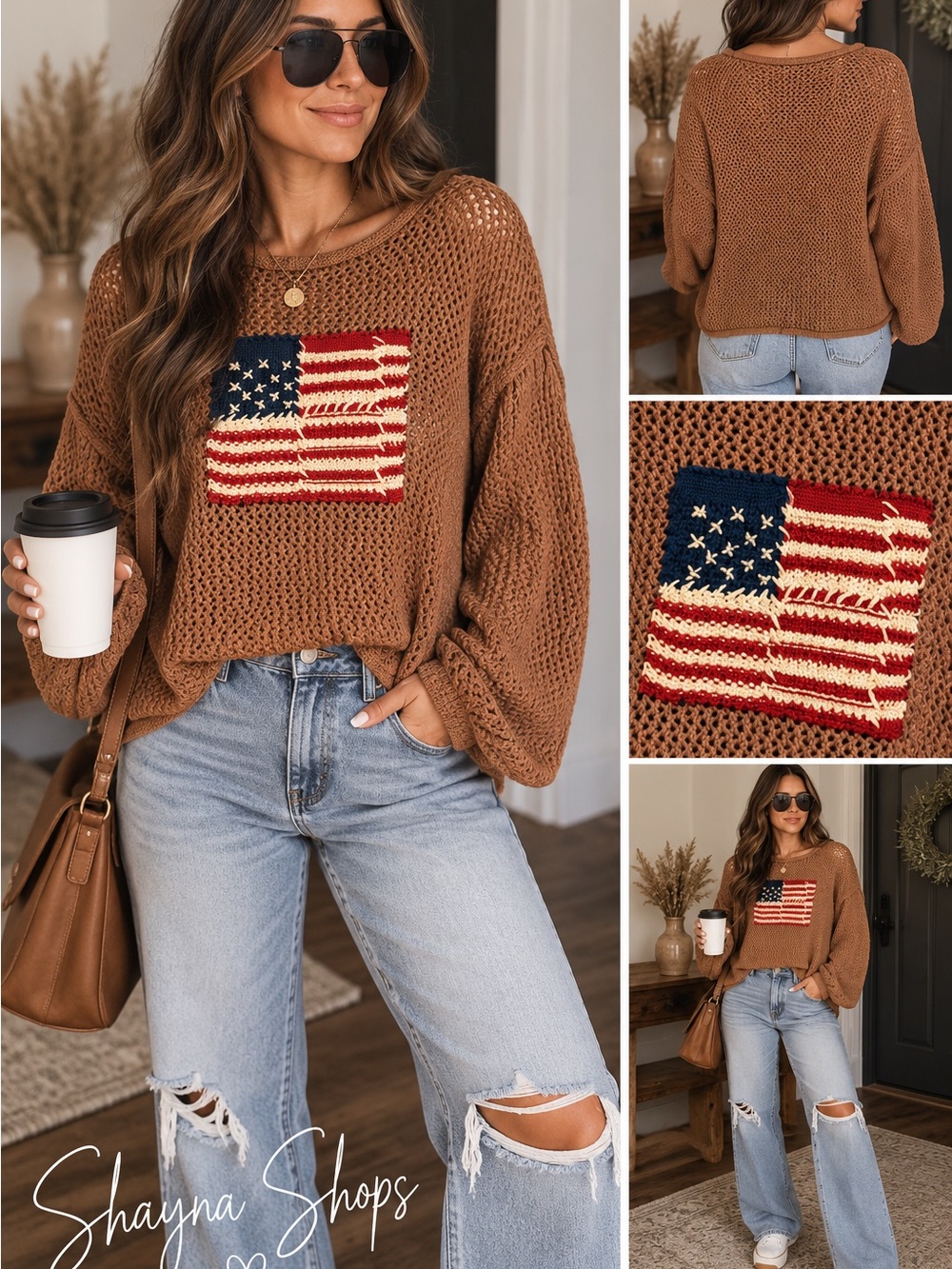 Zenana Loose Knit Deep Camel Sweater with American Flag Embroidery